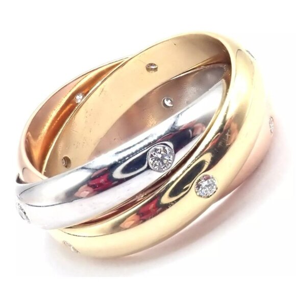 Authentic! Cartier 18k Tri-Color Gold Diamond Trinity Band Ring Size 5.75 Cert. - Picture 1 of 9